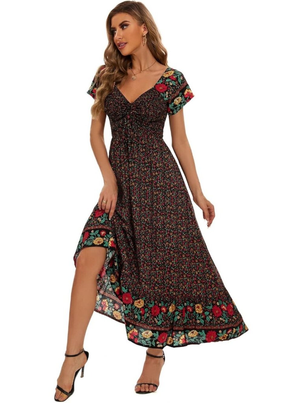 Women's Black Red Floral Smocked Maxi Boho Flowy Tiered A-Line Party Long Dress